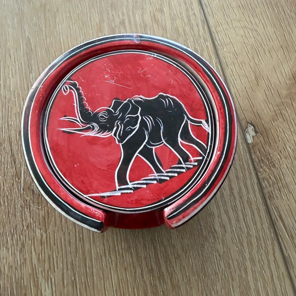 African Soapstone Coaster Set of 6 with Holder Red Black Etched Safari Animals